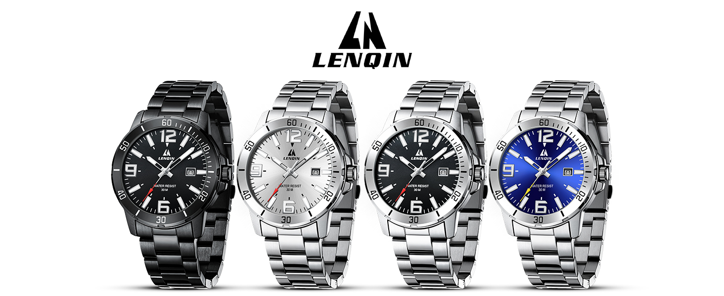 Годинник чоловічий LENQIN з нержавіючої сталі, водонепроникний, з датою, аналоговий кварцовий годинник, бізнес-стиль, срібний колір, синій циферблат