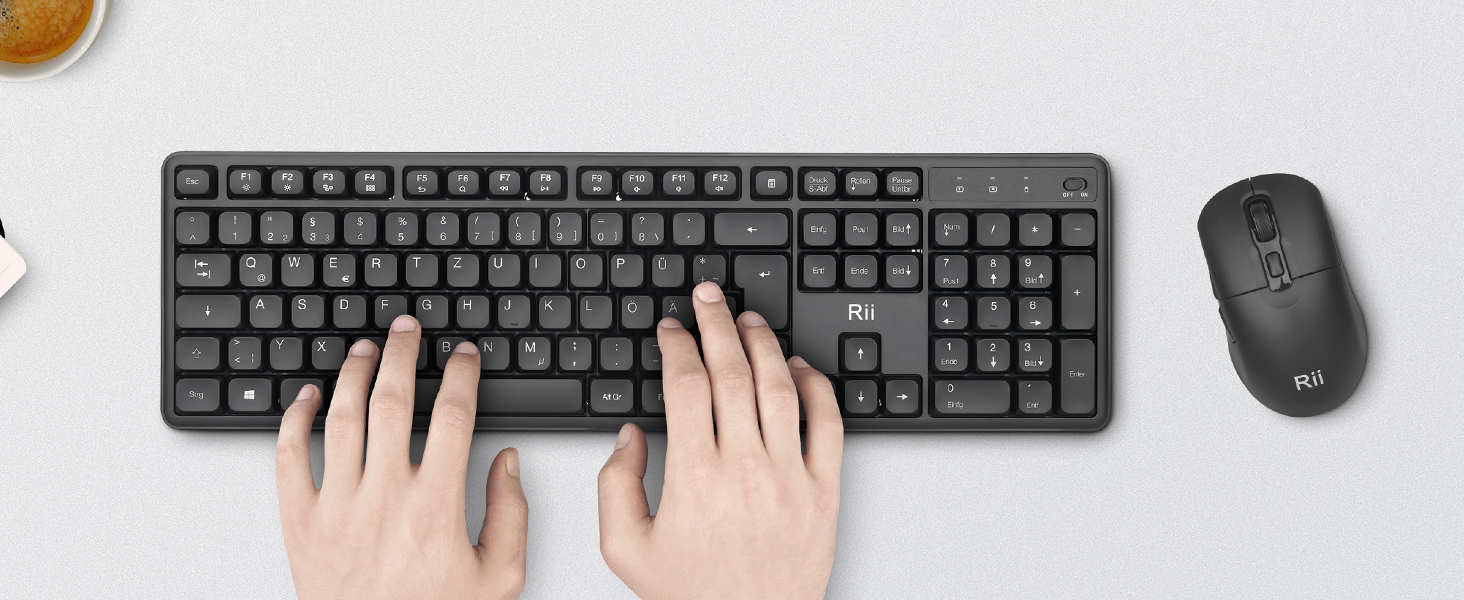 Бездротовий ігровий комплект клавіатури та миші Rii: Bluetooth + 2.4GHz, LED-підсвітка, QWERTZ, для офісу