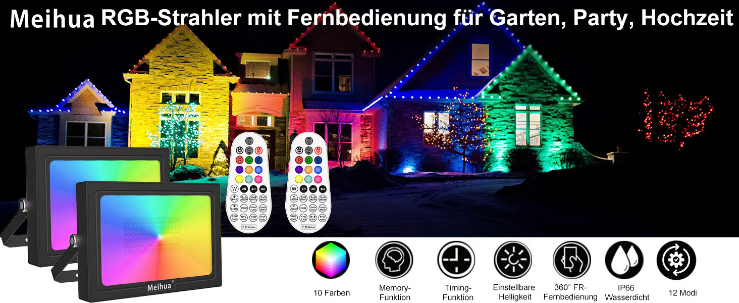 Світлодіодний RGB прожектор MEIHUA 60W, 2 шт., IP66, з пультом, 10 кольорів, 12 режимів, діммер, таймер, пам’ять, для вулиці та саду