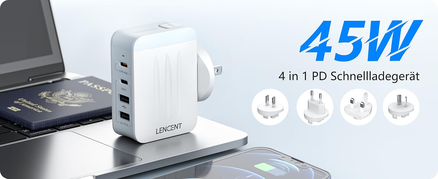 Універсальний адаптер LENCENT з USB зарядкою 45W, 4 порти (2x USB-A, 2x USB-C) - EU/US/UK/AU