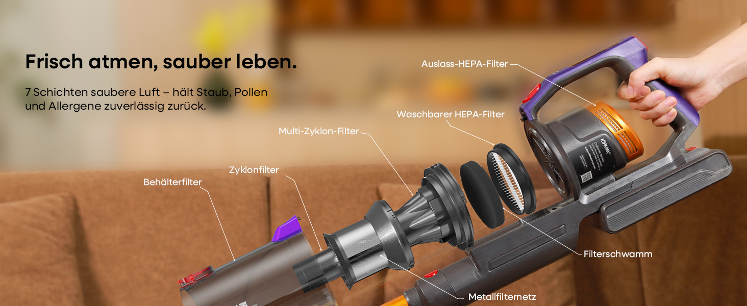 Бездротовий акумуляторний пилосос KIPMAX 50000Pa, 550W, 70 хвилин, 1.5L, з дисплеєм, антизаплутана щітка, 7-шаровий фільтр, 2 арома-пластини, для килимів, шерсті тварин, твердих поверхонь, золотий