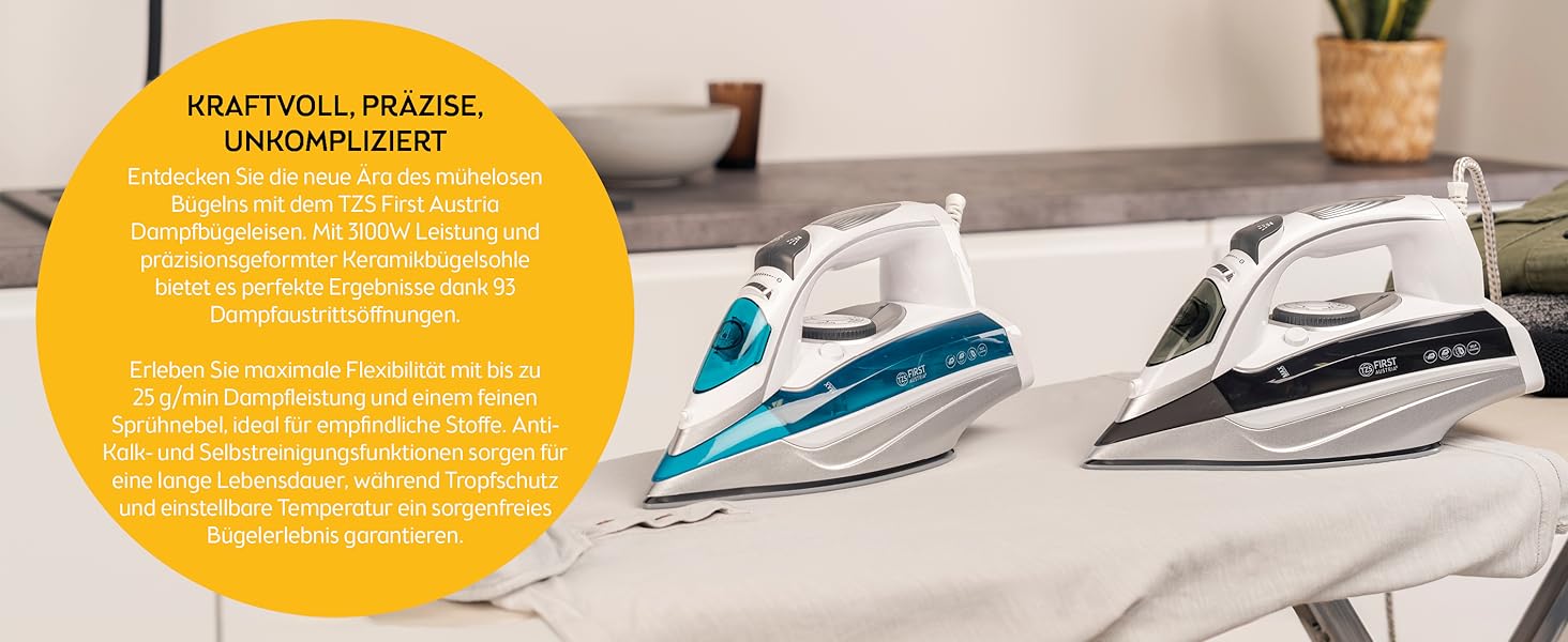 Парове прасування TZS First Austria I 3100W з керамічною підошвою, самоочищенням, вертикальним прасуванням, захистом від накипу, сухим прасуванням, резервуар 0,45л, 1,4 кг, сірий/білий