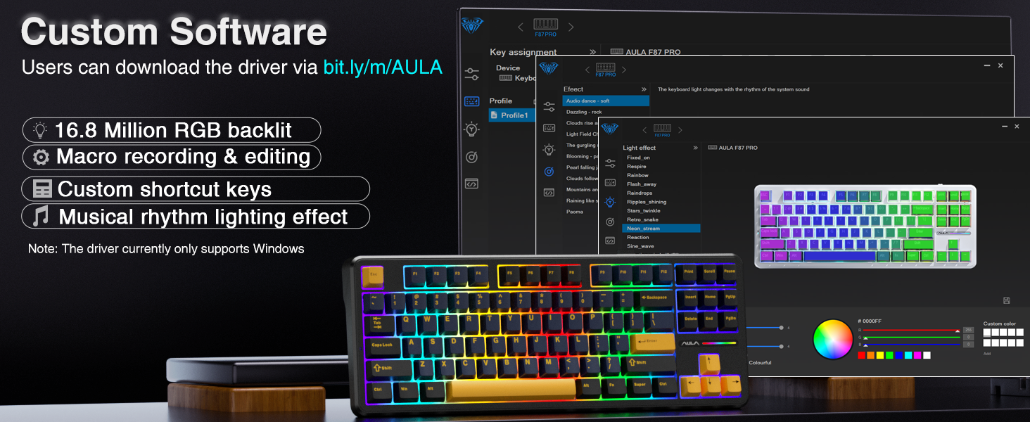 Ігрова механічна клавіатура AULA F87: бездротовий TKL, RGB, Hot-Swap, QWERTY, підтримка Bluetooth 5.0, п'ятишарове демпфування