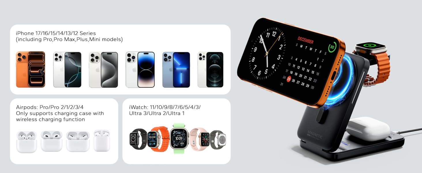 Magsafe зарядна станція 3-в-1 для Apple Watch та iPhone (чорна) – швидка зарядка, адаптер 20W