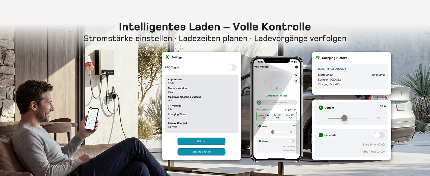 Wallbox 11 кВт з Wi-Fi та кабелем Type 2 7,5м, 3-фазне зарядне для електромобілів (BEV/PHEV), 6-16A, 400V, RCD Type A 30mA/DC 6mA, IP54, чорний. Зарядна станція для дому.