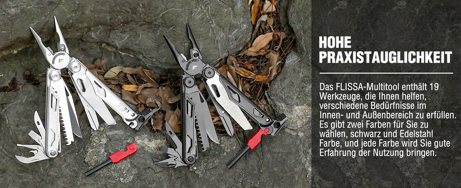 FLISSA 19-in-1 Multifunction Pliers - Survival Multitool with Glass Breaker & Fire Starter - Camping, Repair & Emergency Tool with Carrying Case