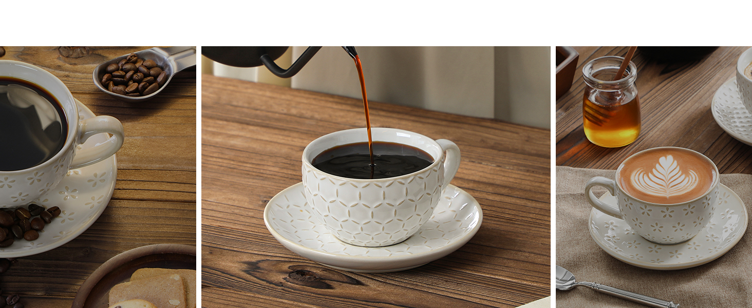 Набір кавових чашок MALACASA з блюдцем, 8 шт., для 4 особи, з рельєфом, 180 мл, кераміка, бежевий