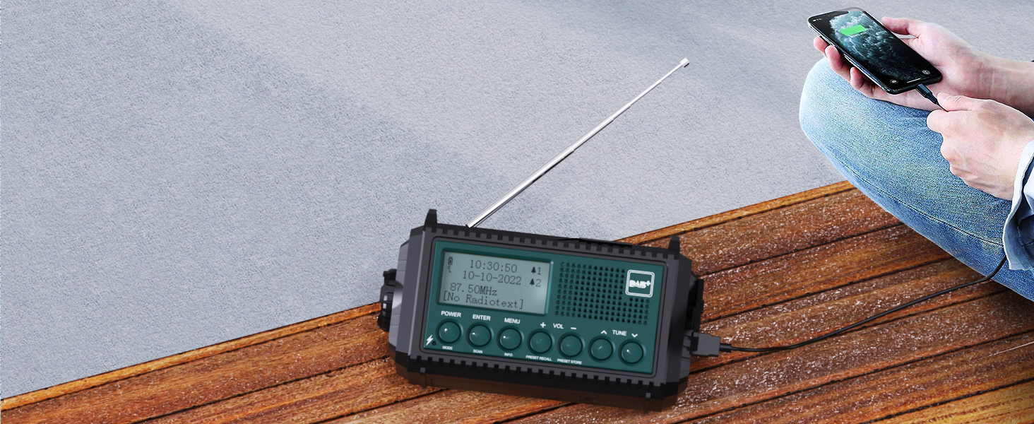 Радіоприймач Kurbelradio з DAB+/DAB/UKW, акумулятор 5000mAh, ліхтарик та світло для читання, FM, USB зарядка для телефону, динамо, SOS-сигнал, для кемпінгу та подорожей, Bluetooth, блакитний