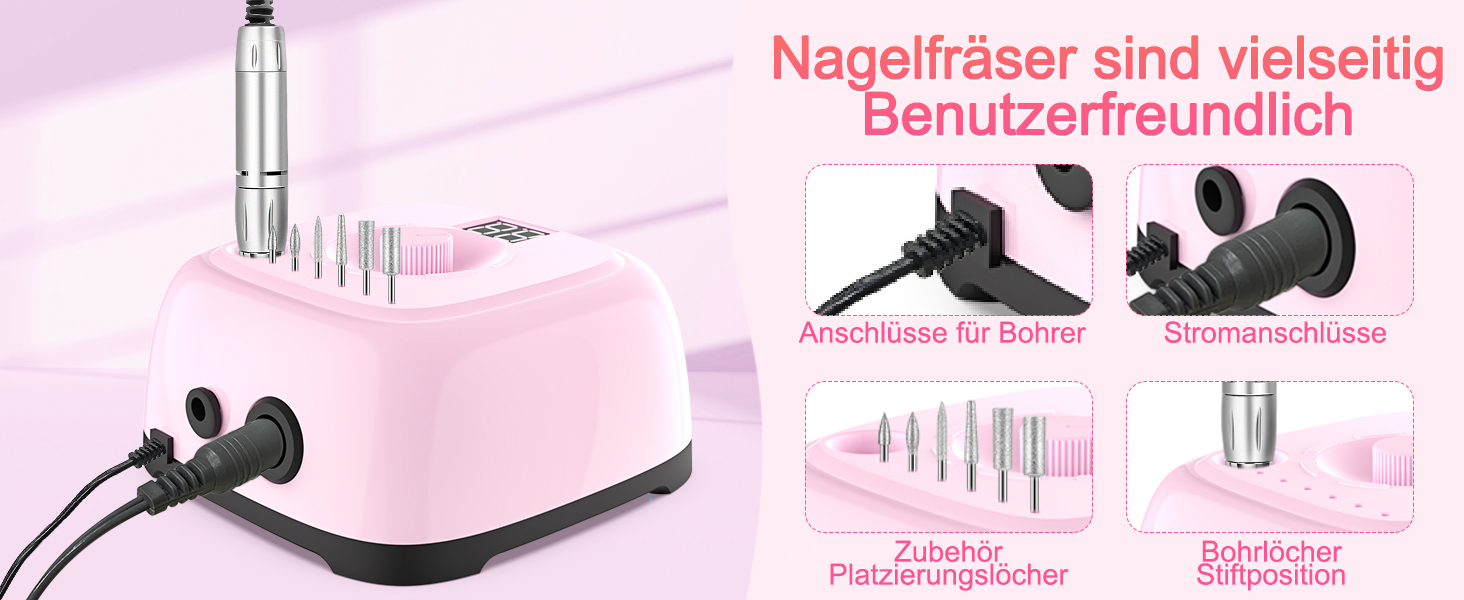 Електричний фрезер для нігтів Nailgirls 11 в 1 з педаллю, 35000 об/хв, для гель-лаку, манікюру та педикюру (Рожевий)
