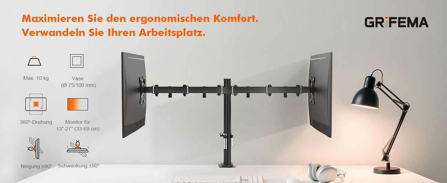 Кріплення для монітора GRIFEMA на 2 монітори, 13-27 дюймів, регульоване, поворотне, нахильне, VESA 75/100mm, GB2001A-2