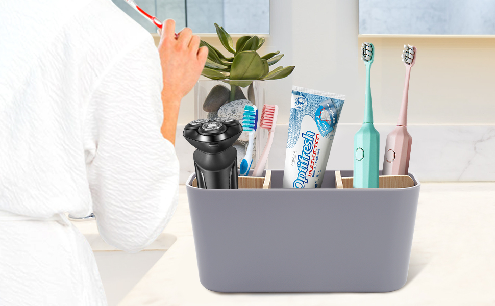Тримач для зубних щіток з бамбуковими перегородками, сірий. Організатор для зубних щіток та пасти (4 щітки + 1 для пасти)