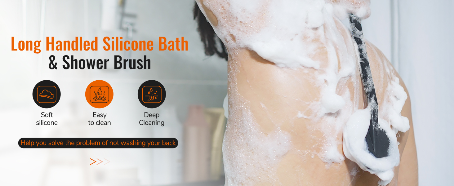 Силіконовий скребок для тіла під душ з довгим руків'ям, двостороння дзеркальна щітка для душу для скрабу та масажу, створює багато піни, скребок для спини з довгим руків'ям для чоловіків (Елегантний чорний)
