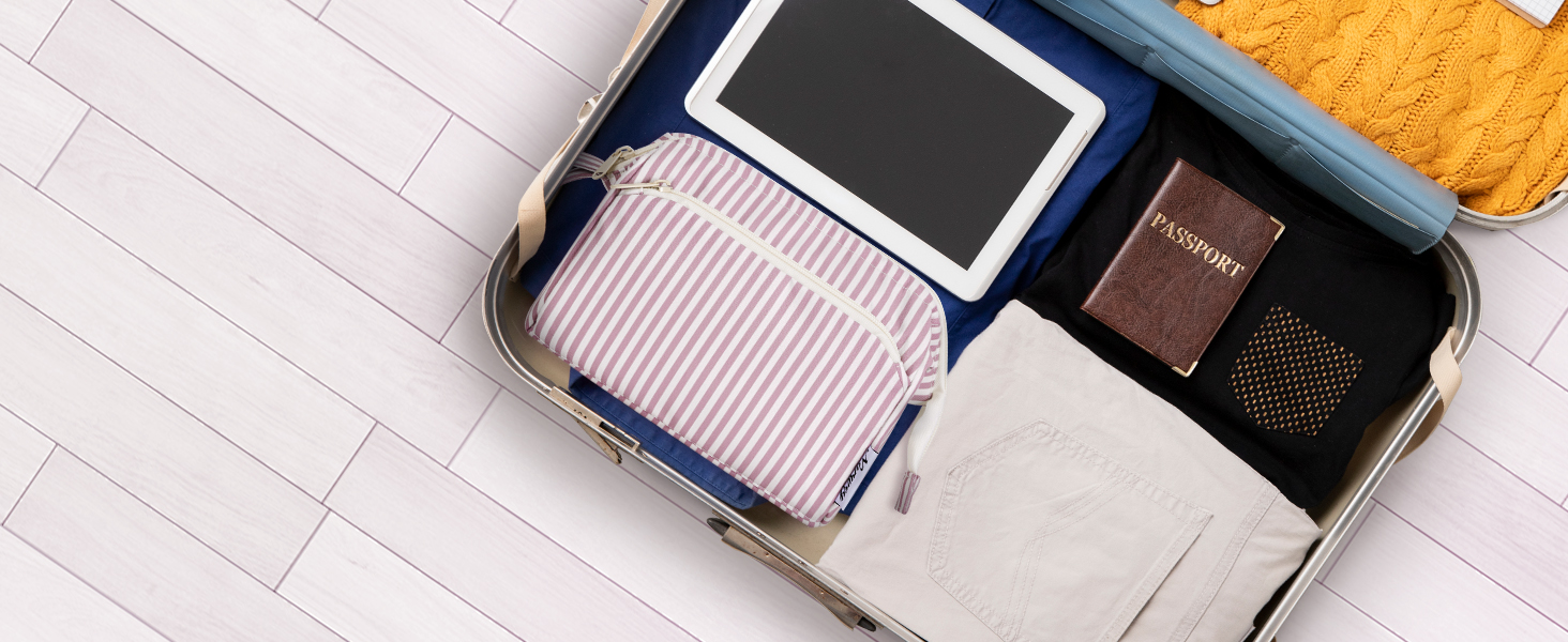 Косметичка жіноча Narwey для подорожей: зручна та містка сумка для косметики та аксесуарів (сіро-блакитний, рожеві смуги)