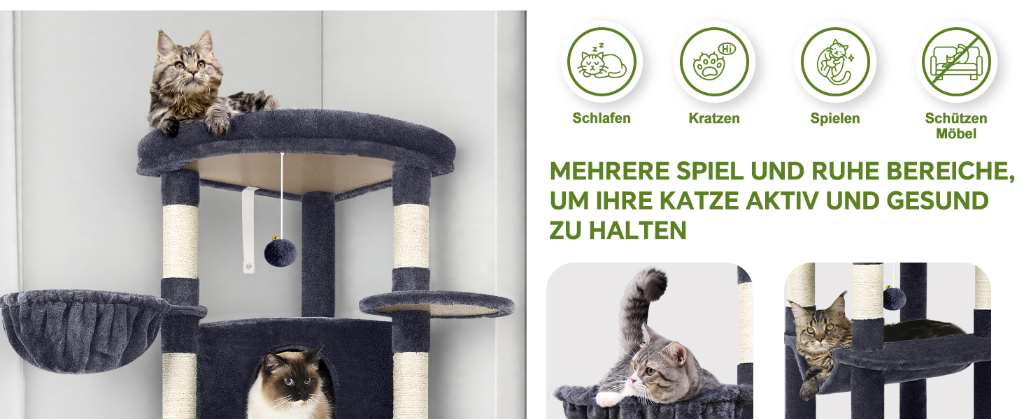Драбина для котів Globlazer велика, стабільна кутова з великим будиночком для котів, 90° сектор, м'яка платформа, гамак, кошик, висота 130 см, для великих котів (C51), XL, темно-сірий