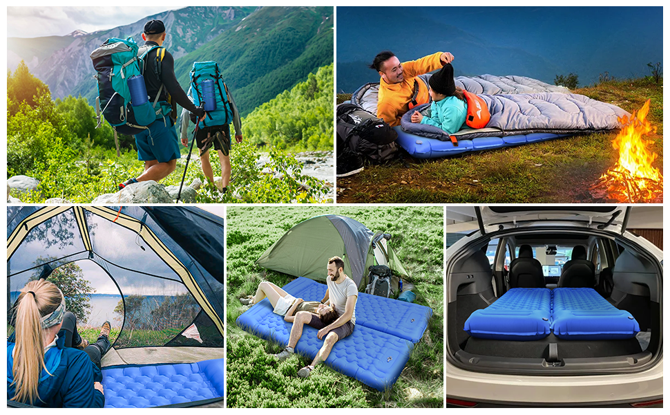 Self-Inflating Camping Mat with Built-in Foot Pump & Pillow - Waterproof Air Mattress for Hiking, Beach, Travel, Tent (Blue) - 3 Pack