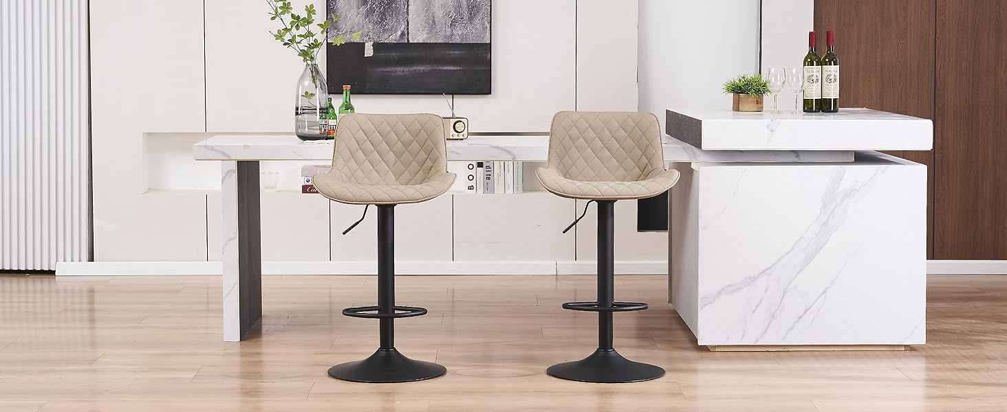 YOUNIKE Adjustable Bar Stools 2-Pack - Modern Kitchen Barstools with PU Leather Upholstery, Swivel Metal Bar Chairs for Counter/Island - Khaki Net Khaki