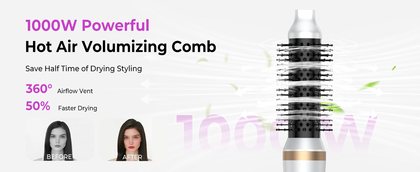 Мультистайлер для волосся 5 в 1 з термощіткою, фен-щіткою, круглою щіткою, плойкою та випрямлячем. Потужність 1000 Вт, 3 температурні режими. Ідеально для об'єму, випрямлення, локонів та сушіння. Білий (білий, рожевий)