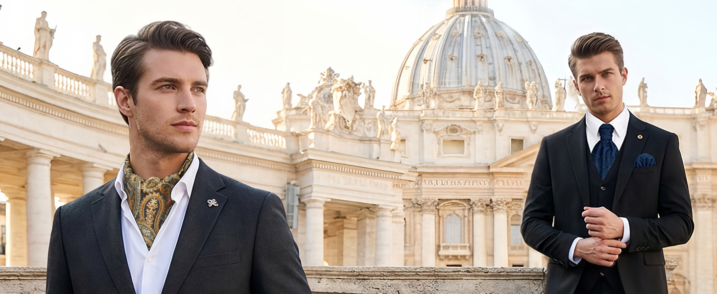 HISDERN Комплект краватка-снуд, краватка-аскот, хустинка для кишені чоловіча Paisley сіра/срібна для весілля та бізнесу