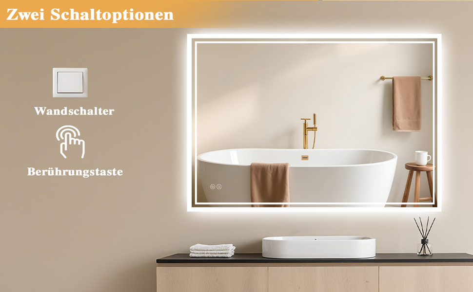 LED дзеркало для ванної кімнати з підсвічуванням 60 x 80 см – антизапар, 3 кольори, регулювання яскравості, подвійний сенсорний вимикач, функція збереження налаштувань при відключенні електроенергії, монтаж горизонтально/вертикально, квадратна форма.