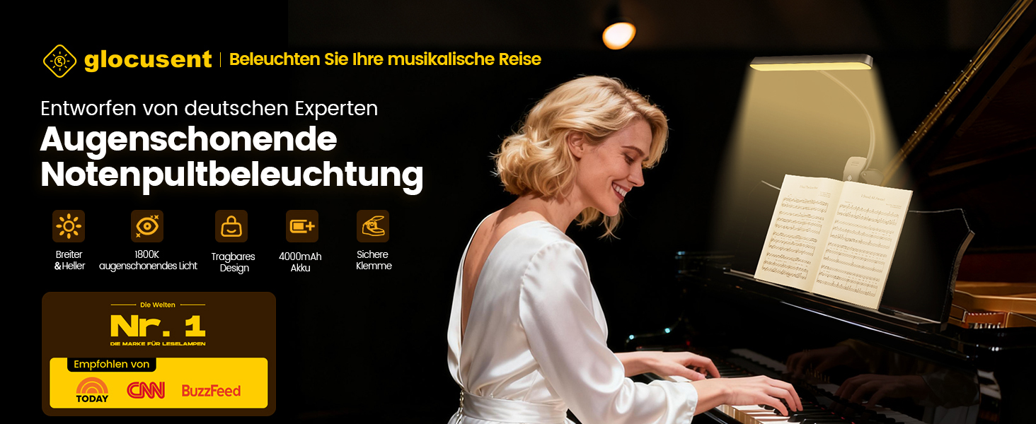 Світлодіодна лампа для нот Glocusent 81 LED: для піаніно, з USB-C зарядкою, 3 кольори, 5 рівнів яскравості, до 140 годин роботи, чорна