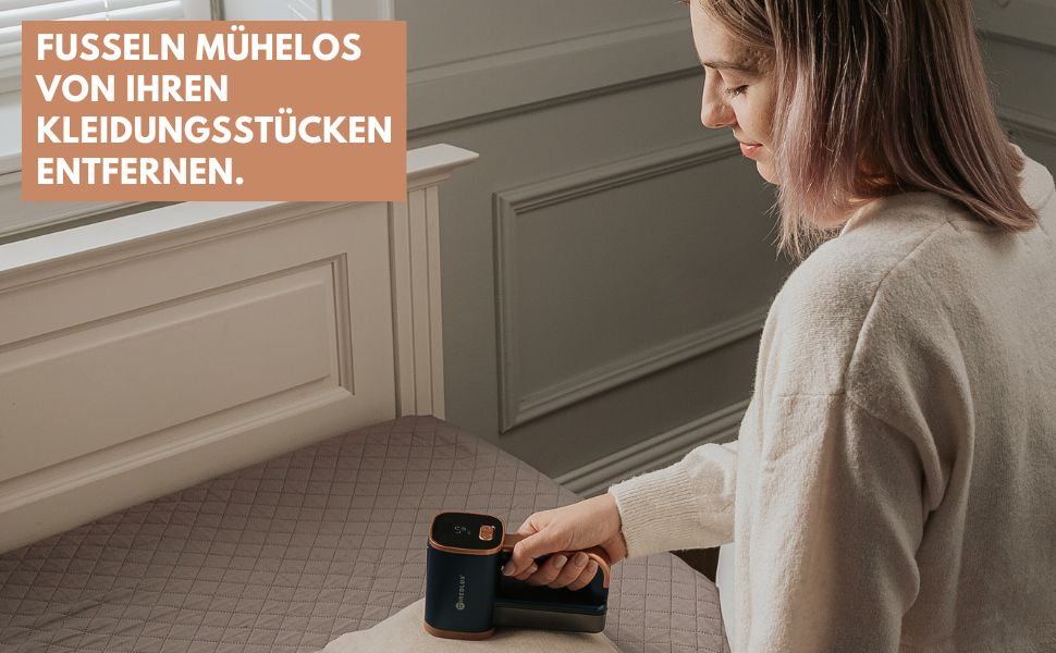 Електричний машинка для видалення катишків WiredLux для одягу та меблів, LED-підсвітка, 3 швидкості, 6-лезова, USB-зарядка, графітово-сірий/мідний, кобальтово-синій/мідний