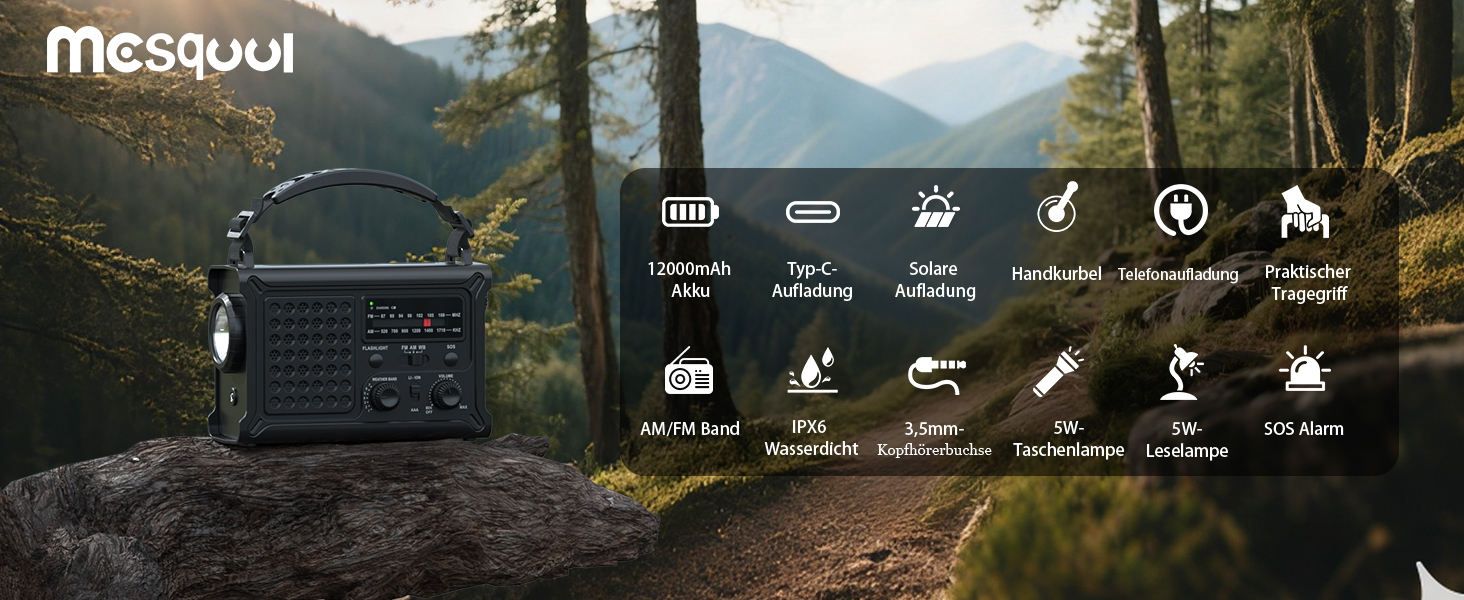 Сонячне радіо з ручним генератором 12000mAh, портативний приймач світу, радіо для надзвичайних ситуацій з AM/FM, сонячна панель 8500мм², Powerbank, ліхтарик та світло для читання, чорний