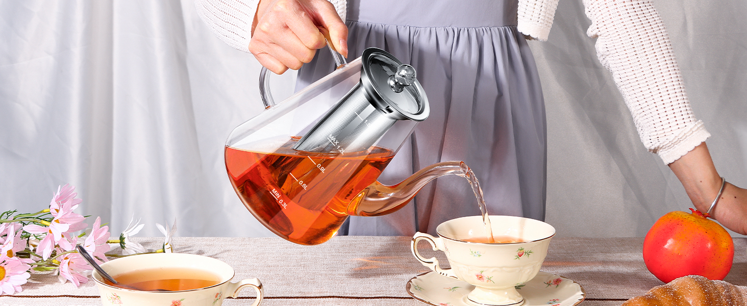 Скляний чайник з ситом 1200-1500 мл з боросилікатного скла з мірною шкалою для листового чаю та чайних квітів, подарунковий набір