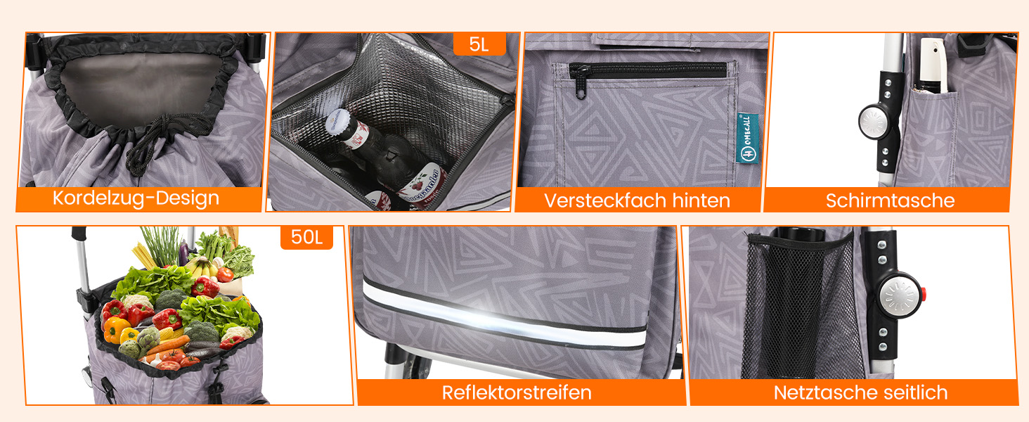 Складаний візок для покупок Homecall 50л з охолодженням, 3 в 1: візок, сумка, таскач, з принтом Geometrie, стандартні колеса