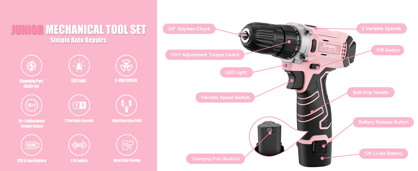 Набір інструментів Sundpey 206tlg з акумуляторною дрилем 12V для ремонту вдома та DIY, рожевий