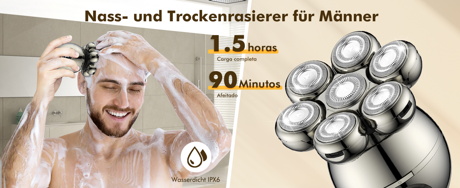 Електричний голєний апарат ETENTOUS Glatzen Rasierer для чоловіків 6-в-1, з 7 ротаційними головками та тримером для бороди, водонепроникний (IPX6), USB-C, для гоління голови та бороди