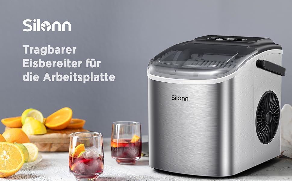 Машина для приготування льоду Silonn: 9 кубиків за 6 хвилин, 12 кг за 24 години, самоочисна, 2 розміри кубиків, для кухні, офісу, бару та вечірки, чорна (з нержавіючої сталі, портативна, 1.2 л)