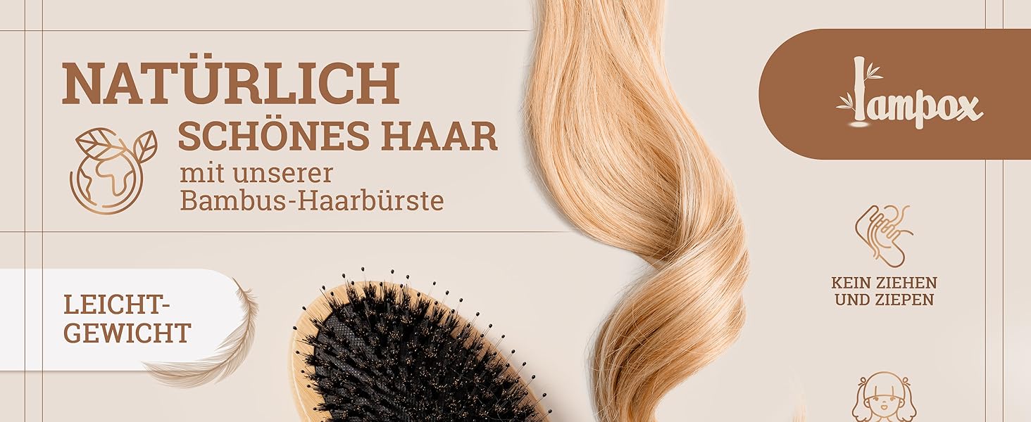 Бамбукова щітка для волосся з щетиною дикого кабана Lampox, масажна щітка для голови, розплутування волосся для жінок, чоловіків та дітей (овальна)