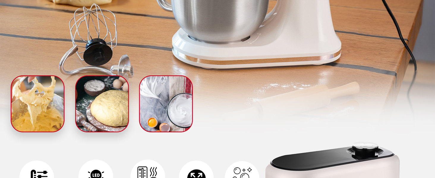 Кухонна машина Lehmann з дисплеєм, 1500 Вт, 12 швидкостей, функція ферментації з підігрівом, вбудовані ваги, таймер, чаша 5 л та 3 насадки-мішалки, Бежевий