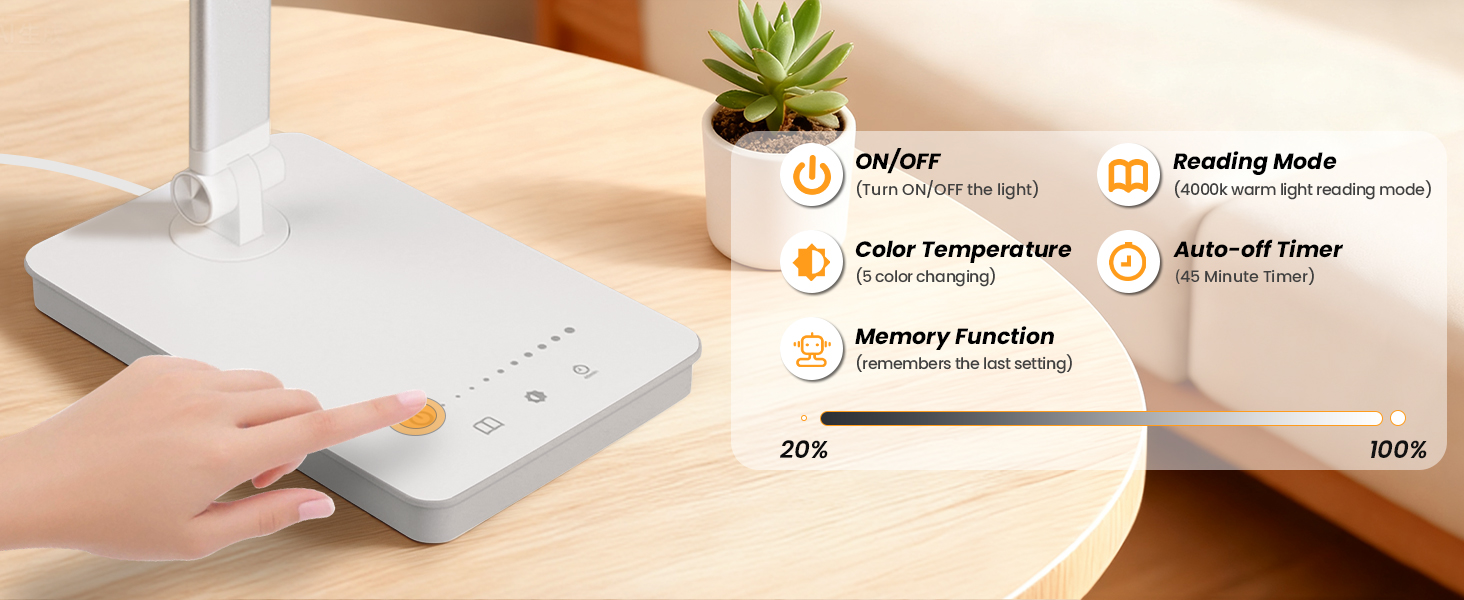 LED лампа для столу Akynite з регулюванням яскравості, USB, 2A адаптер, 5 кольорів, 10 рівнів яскравості, таймер, сенсорне управління, для дітей, білий