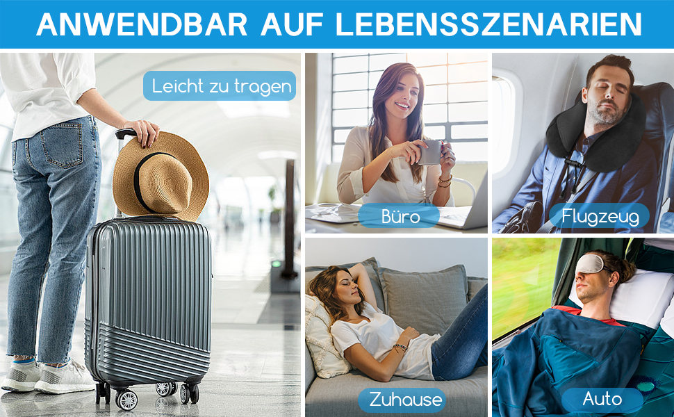 Подушка для шиї у літак CNMTCCO, регульована, з піною Memory Foam, ергономічна, з навушниками, маскою для очей, сумкою, для подорожей (літак, авто), чорна