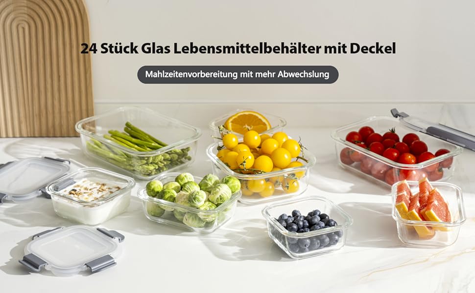 Набір скляних контейнерів для зберігання їжі GENICOOK 24 шт. з кришкою. Набір скляних контейнерів для продуктів, Meal Prep, герметичні контейнери для кухні сірого кольору.