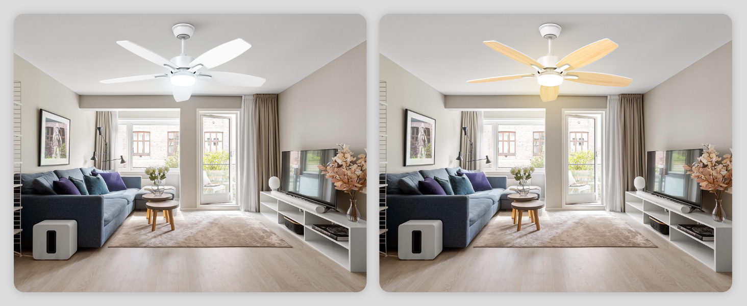 Стелянка вентилятор 106 см з підсвіткою, двосторонні лопаті, тихий вентилятор з LED-лампою та пультом керування, для спальні/вітальні, DC мотор, штанга світлого дерева