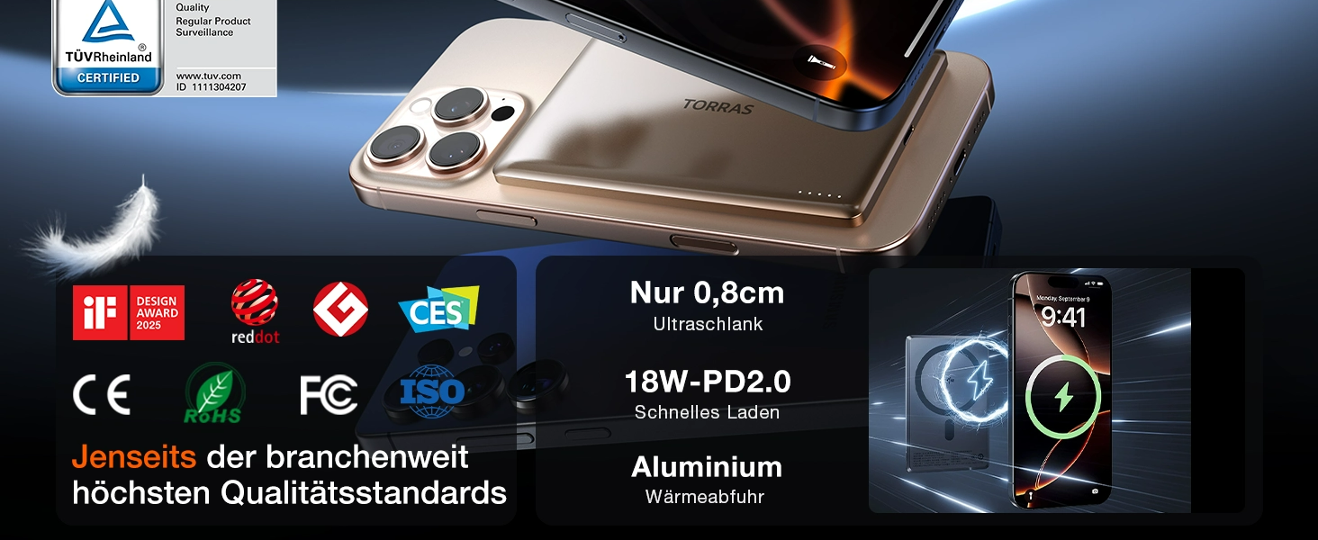 Powerbank TORRAS MiniMag Ultra Slim для iPhone 17 Pro Max, 5000mAh, MagSafe, USB-C, бездротова, сірий титан