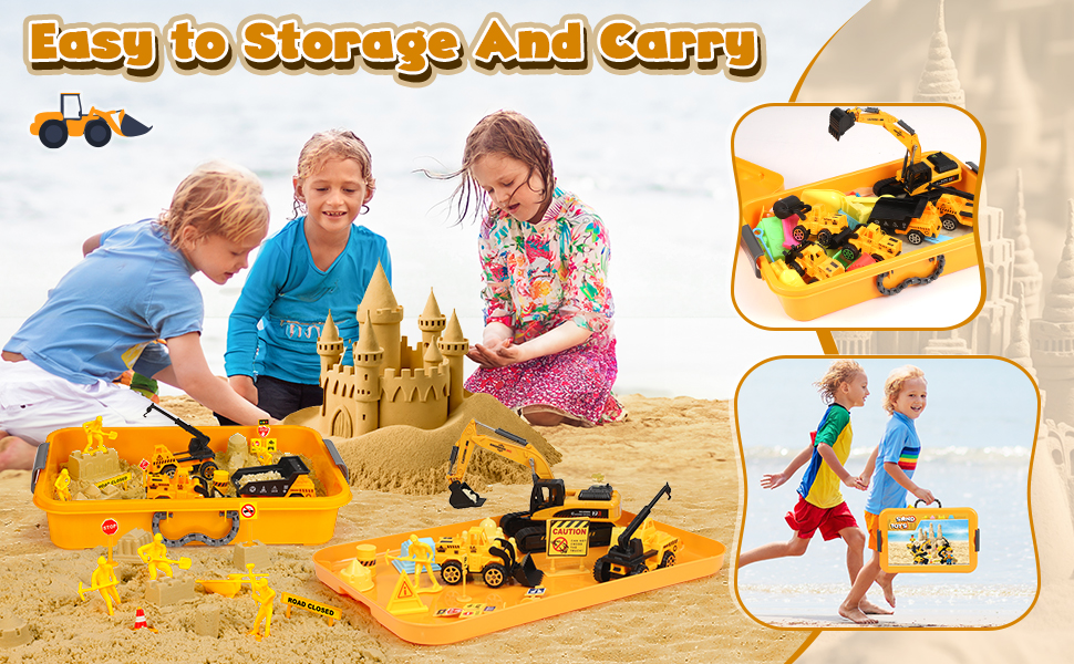 Subtail Magic Sand for Kids - 6 Construction Vehicles | 16 Castle Shapes | 18 Traffic Signs - Kinetic Sand Play Sand, Foldable Sandbox - Gifts for Boys and Girls Ages 3, 4, 5