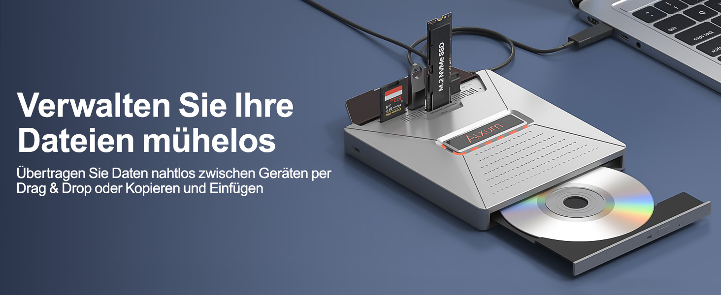 Зовнішній DVD-привід Alxum USB-C 3.0 та USB: CD/DVD плеєр і записувач для ноутбука з картридером SD/TF та додатковим USB-портом, Plug & Play, чорний