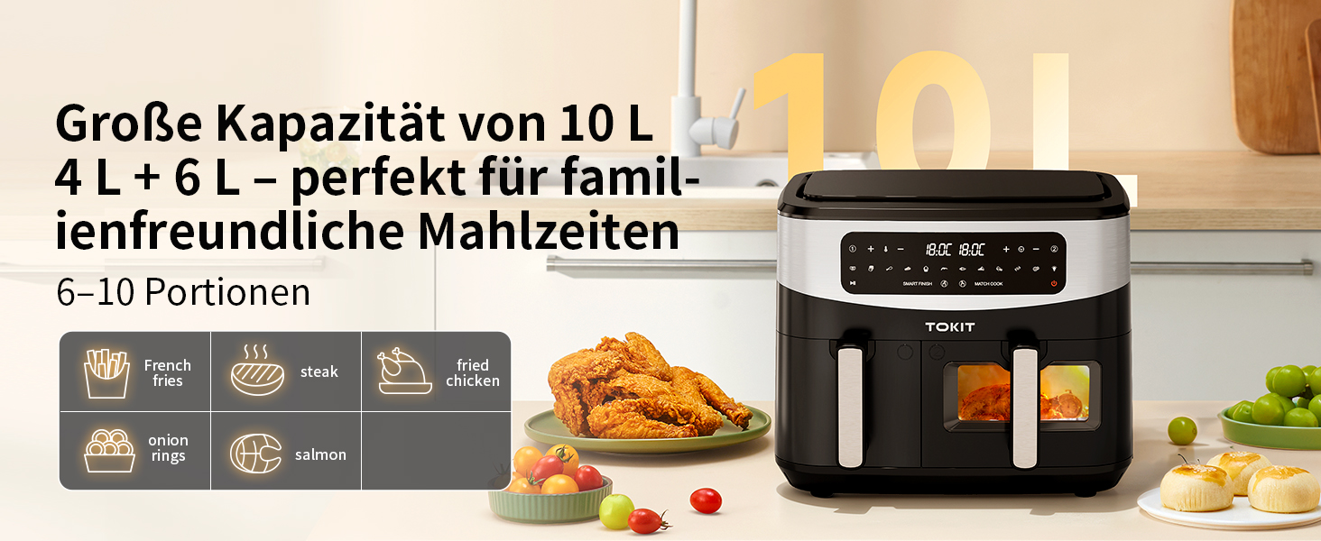 Фритюрниця TOKIT з подвійним зондом, 2800 Вт, 10 л, 12 програм, з вікном, без олії, 2 ящики, LED-touchscreen, 90% менше жиру