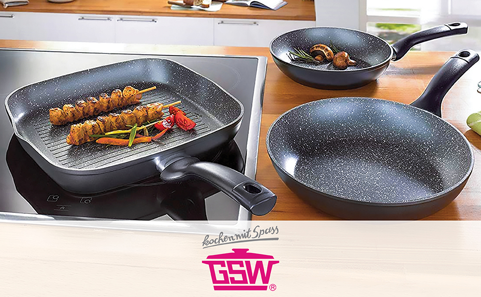 Набір сковорідок GSW Gourmet Granit, 3 штуки, алюміній з антипригарним покриттям, для індукції, чорний