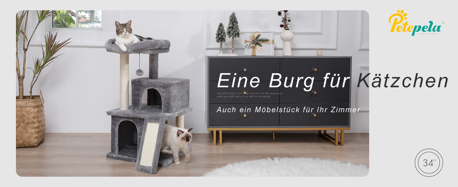 Котячий будиночок з когтеточкою PETEPELA з сизалевим мотузком, плюшевою лежаком та ігровим будинком для котів, сірий, 90 см