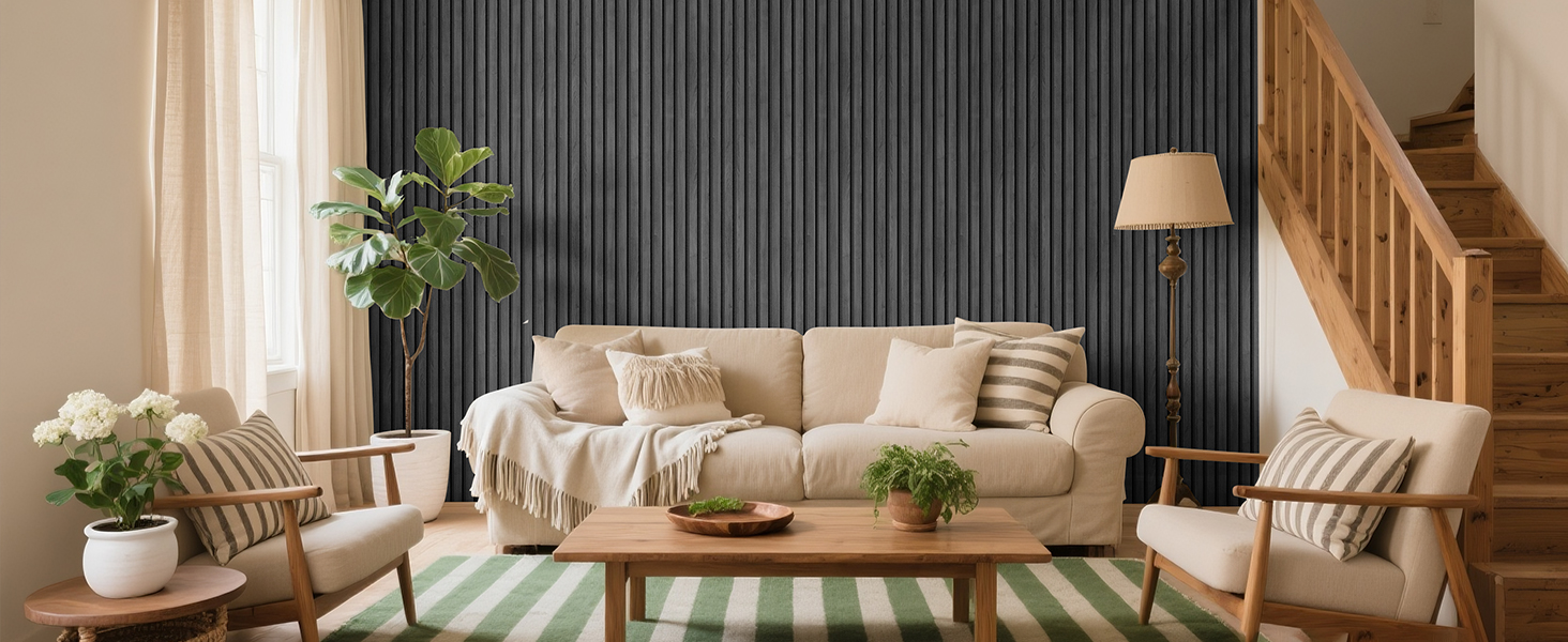 Акустичні панелі з дерев'яного шпону самоклеючі, набір 2 шт (100x52 см), звукопоглинаючі стінові панелі для шумоізоляції та декору вітальні, офісу (Чорний)