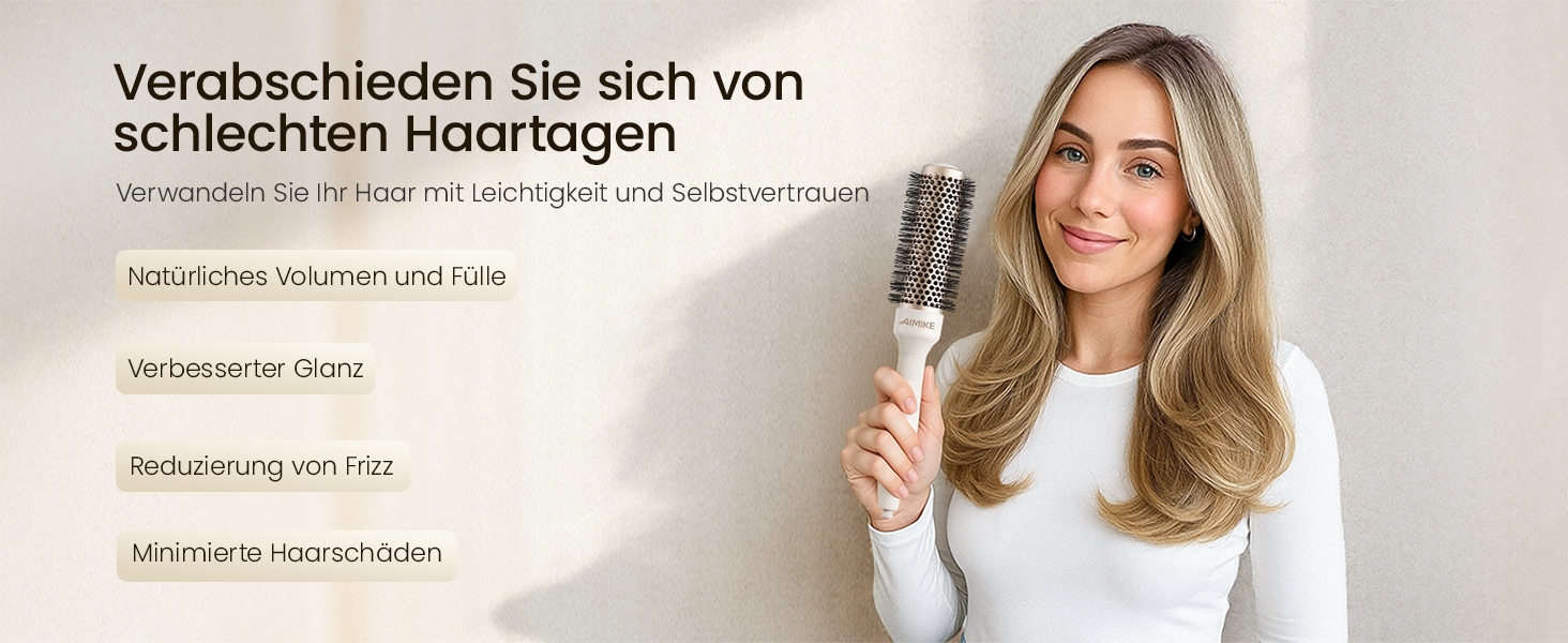 Кругла щітка для волосся AIMIKE NaturaVol для об'єму та гладкості, з кліпсами (32 мм, 53 мм)