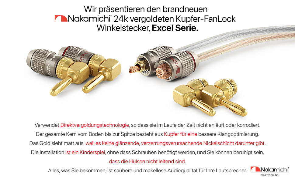 Бананові конектори Nakamichi FanLock Excel-Serie, позолочені правокутні роз'єми для акустичних кабелів Hi-Fi та домашнього кінотеатру, 10-18 AWG, 4 мм, 4 шт (2 пари)