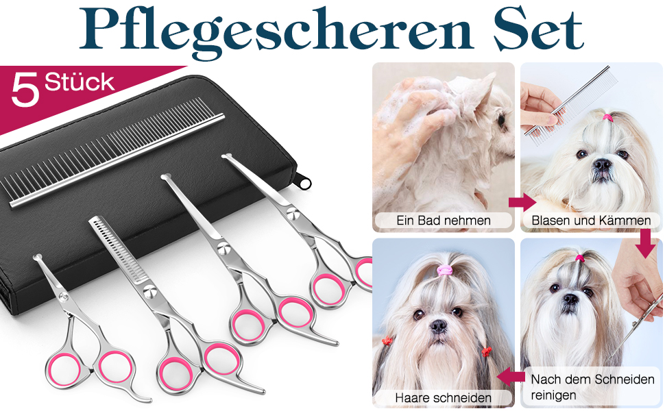 Набір професійних ножиць для грумінгу собак Pawaboo (5 шт.) з безпечними закругленими кінчиками. Ідеально для догляду за шерстю собак та котів. Рожевий колір.