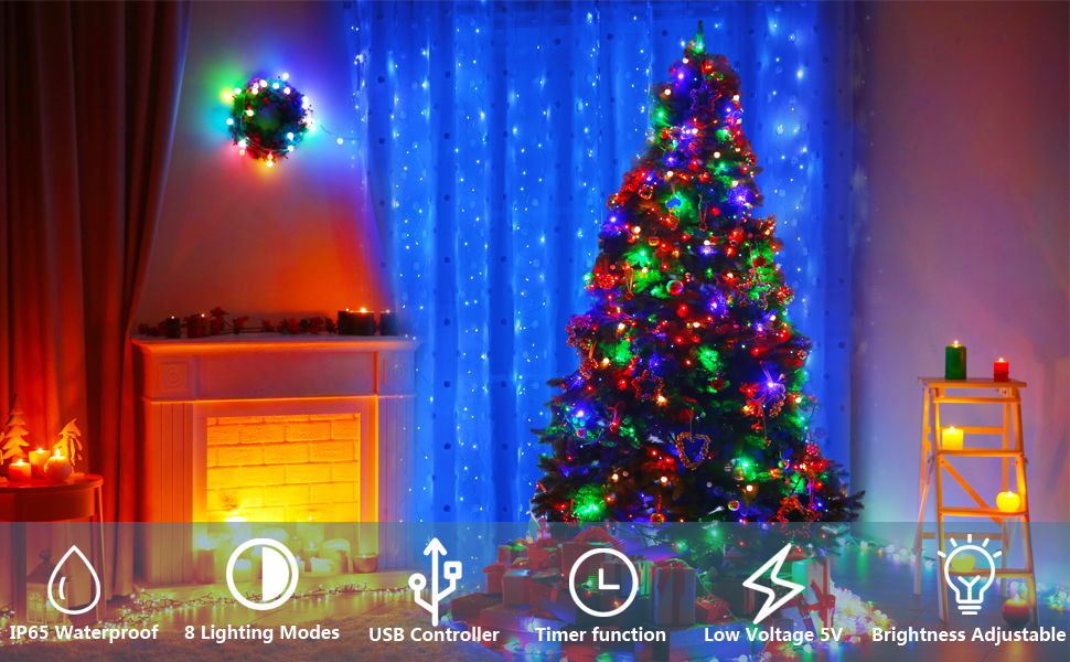 Лямпас світлодіодний Yizhet 3x3м, 300 LED, тепле біле світло, IP65, 8 режимів, для декору вечірки, свята, Нового року, тераси (блакитний)