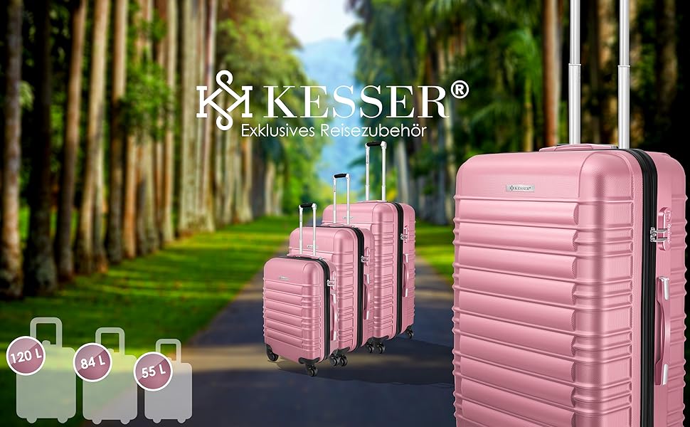 Набір валіз KESSER 3 шт. із жорстким корпусом, ABS, на 4 колесах, телескопічна ручка, з замком, рожевий, розміри M-L-XL – дорожній чемодан-тележка