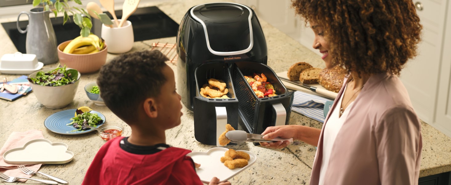 Фритюрниця електрична Russell Hobbs подвійна 8.5л з технологією Rapid Air Fryer, 8 програм, сенсорний екран, кошики 4.25л, посудомийна безпека 27290-56S